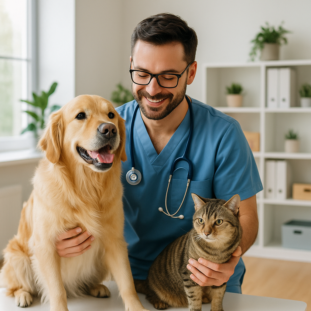 Veterinários cuidando de pets em ambiente moderno e acolhedor